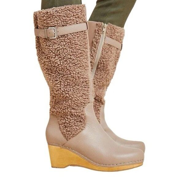 Kelsi Dagger Jagger Taupe Knee High Clog Wood Heel Wedge Round Toe Leather Boot - Picture 11 of 16